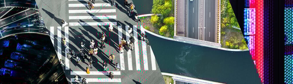 A collage of urban scenes — a blue-lit highway with cars, a crowded crosswalk from above, a river lined with trees and a parallel road, and vibrant digital billboards.